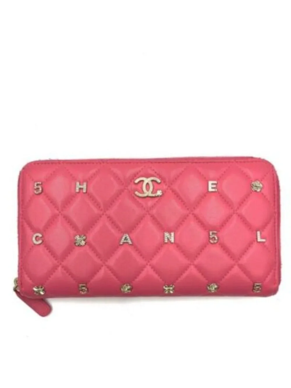 Chanel Pink Lambskin Rhinestone Quilted Long Wallet Lucky Charm Camellia